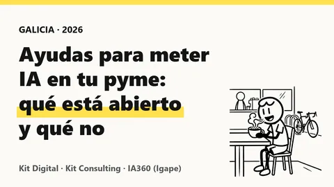 Pol, el personaje de Gabriel Oliveira Carballo, tomando un café junto al título «Ayudas para meter IA en tu pyme: qué está abierto y qué no».